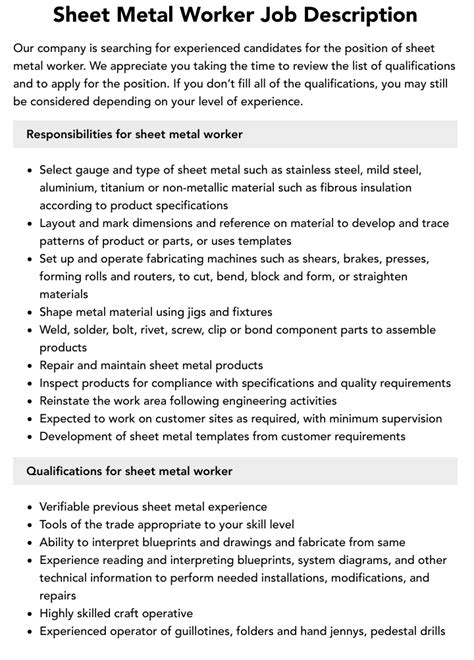 sheet metal worker meaning|sheet metal welder job description.